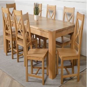 ChunKy Oak : Bàn Ăn 1m6 + 8 Ghế ( Lưng X - Mặt Gỗ )